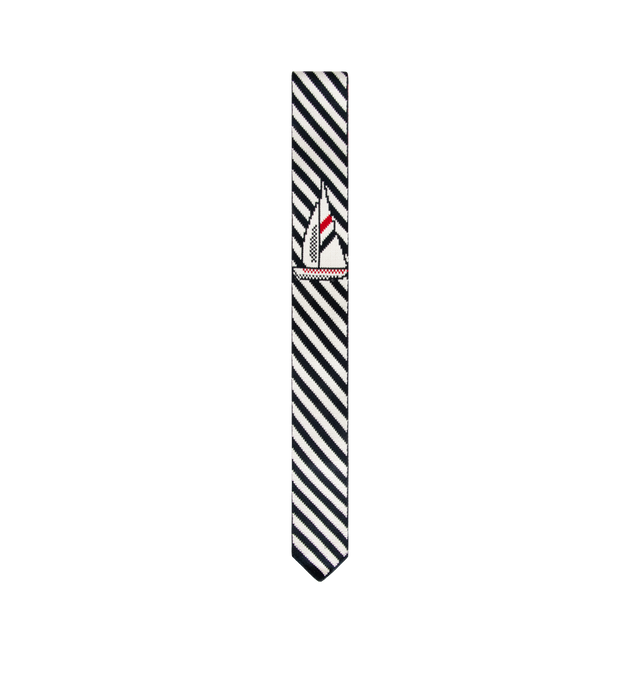 Image 2 of 2 - NAVY - THOM BROWNE Sail Boat Pin Stripe Jacquard Knit Tie featuring knit stretch silk-blend tie, jacquard stripes throughout, jacquard graphic at face, tricolor grosgrain trim, keeper loop and logo patch at back face. W2". 98% silk, 1% polyamide, 1% elastane. Made in Italy.