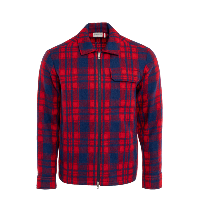 Image 1 of 2 - RED - MONCLER PLAID WOOL FLANNEL SHIRT features a bold checked pattern, a logo patch on the sleeve, chest flap pocket and a front zip closure. 