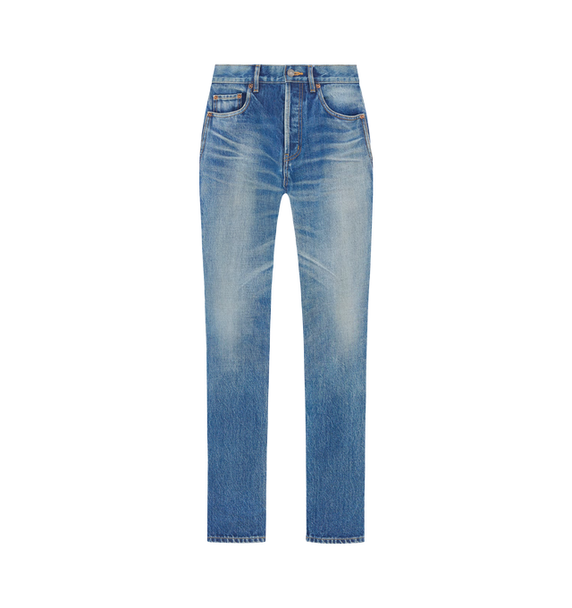 Image 1 of 2 - BLUE - SAINT LAURENT Straight High Rise Jeans featuring high-waist, five-pocket style, a relaxed straight leg, button fly and logo embossed leather jacron. 100% cotton. Made in Japan.