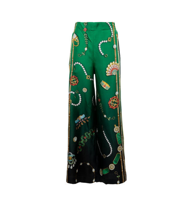Image 1 of 4 - GREEN - CASABLANCA La Boite a Bijoux Trousers featuring elasticated waist, wide-fit leg, and all-over graphic. 100% silk. Made in Italy. 