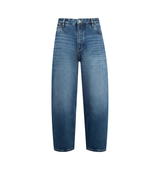 Image 1 of 3 - BLUE - STUDIO NICHOLSON Volume Jeans featuring exaggerated, balloon-shaped leg, button fastening, classic five pockets, belt loops and logo patch to the rear. Cotton.