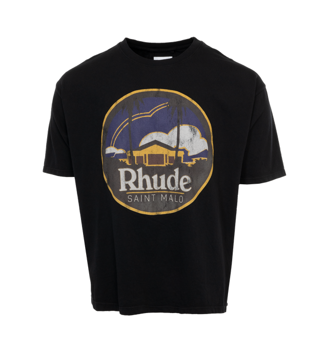 Image 1 of 2 - BLACK - RHUDE Saint Malo Tee featuring lightweight jersey fabric, crew neck, short sleeves and graphic logo print on front. 100% cotton. Made in USA. 