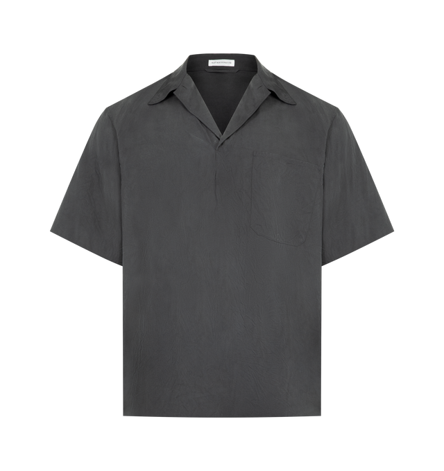 Image 1 of 2 - BLACK - KAPTAIN SUNSHINE Silk Pullover Shirt featuring open collar, short sleeves, chest patch pocket, straight hem and relaxed fit. Made in Japan.