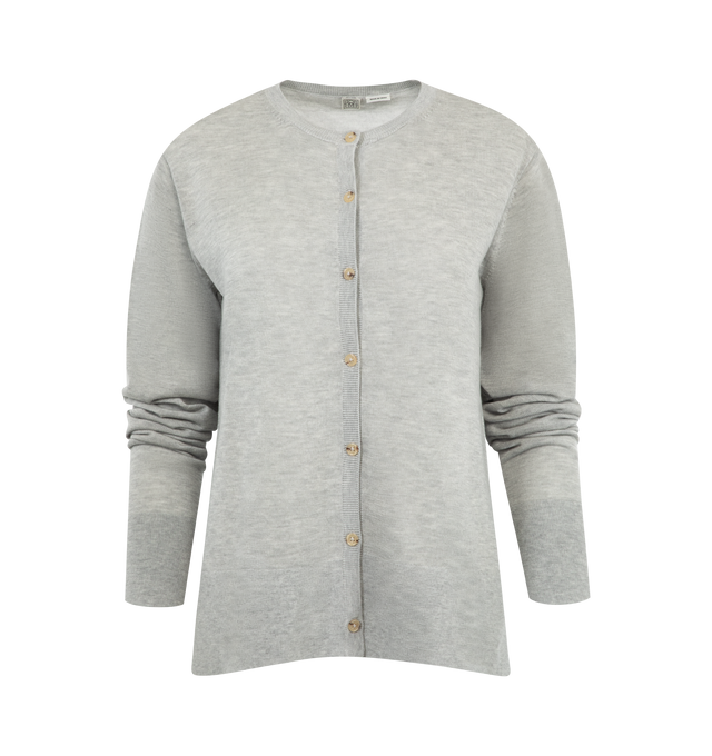 Image 1 of 2 - GREY - TOTEME Fine Knit Cardigan featuring crew-neck, long-sleeves, button front and embroidered monogram. 88% lyocell, 10% cashmere, 2% polyamide.