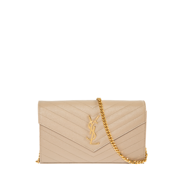 Image 1 of 3 - NEUTRAL - SAINT LAURENT quilted wallet with gold ysl logo detail and removable chain strap.