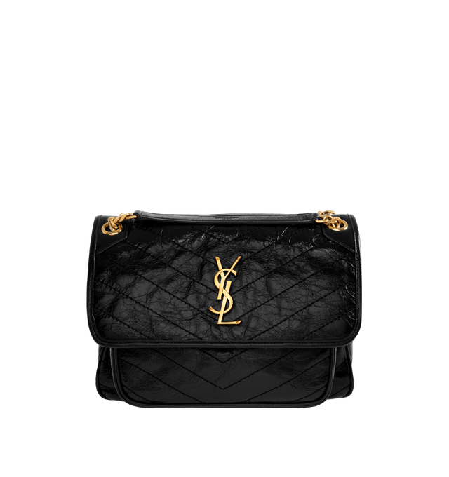 Image 1 of 4 - BLACK - NIKI Medium Bag in vintage leather featuring chevron-quilted topstitching, sliding leather-and-chain strap allows for both shoulder and crossbody carry, chrome-free, metal-free tanned leather, certified cotton lining, bronze-tone hardware, magnetic snap closure, one back pocket and one open pocket under flap. 11" x 7.9" x 3.3". Calfskin leather. Made in Italy.