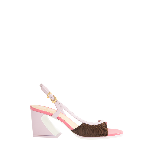 Image 1 of 4 - MULTI - FENDI Arco Sandal featuring asymmetric sandal with wide heel, iconic Arco shape, made of knit and nappa leather, two-tone rubber sole with FF design, rubber heel sole, varnished metal detail on the heel and engraved Fendi logo. 65mm. 75% polyester, 23% polyamide, 2% polyurethane. Made in Italy.