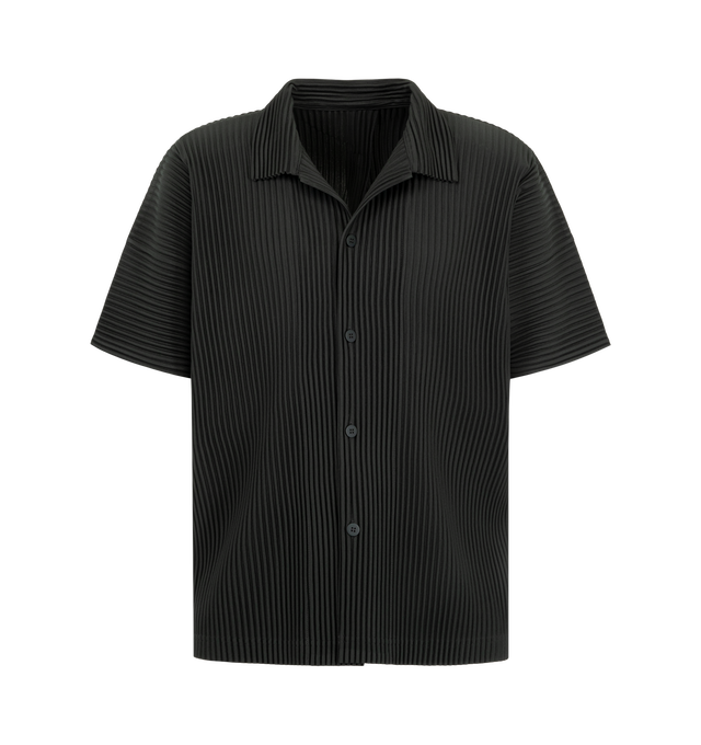 Image 1 of 2 - GREY - Issey Miyake Men's August Pleated Shirt is crafted from lightweight polyester and features the house's signature pleated construction throughout. Designed with a classic polo collar, short sleeves, and a button-down front, this designer shirt combines a refined polo-inspired silhouette with Issey Miyake's innovative approach to texture and textile design. Main Material: 100% Polyester.