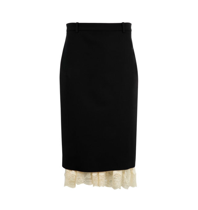 Image 1 of 2 - BLACK - BALENCIAGA Lingerie Tailored Skirt featuring high-waist, front button and hook closure, 5 belt loops, lingerie skirt at bottom, mixed construction, longer at back and slit on back tailored skirt. 100% wool. 92% viscose, 8% elastane. Lining: 100% cupro. Lace: 80% polyamide, 20% elastane. Made in Italy.