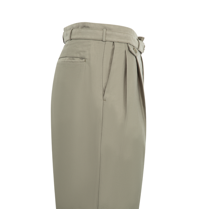 Image 3 of 3 - GREEN - Kaptain Sunshine Belted Riviera Pantalon featuring relaxed fit with a semi-tapered leg, inside two pleats for added volume, integrated belt for a secure fit, one-wash treatment for a vintage-inspired look and double-cuffed hem for a polished finish. 100% cotton. Made in Japan.