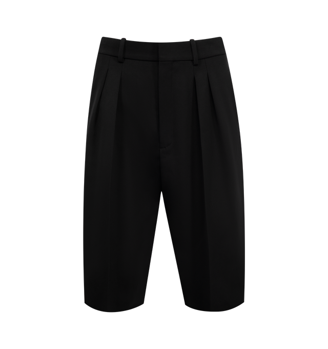 Image 1 of 3 - BLACK - SAINT LAURENT Bermuda Classique Shorts featuring high-waisted, wide leg, center crease, double pleat, concealed front button and hook closure, zip fly, two slash pockets at the front, two welt pockets with button at the back and waistband with belt loops. 100% wool. Made in Italy.