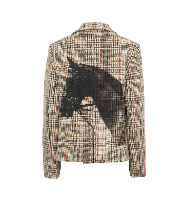 Image 2 of 4 - BROWN - LIBERTINE THOROUGHBRED SHORT BLAZER featuring horse graphic on back, notch lapels, button front, long sleeves, front flap pockets, straight fit, short length and inverted pleat back. 100% wool. Polyester lining. 