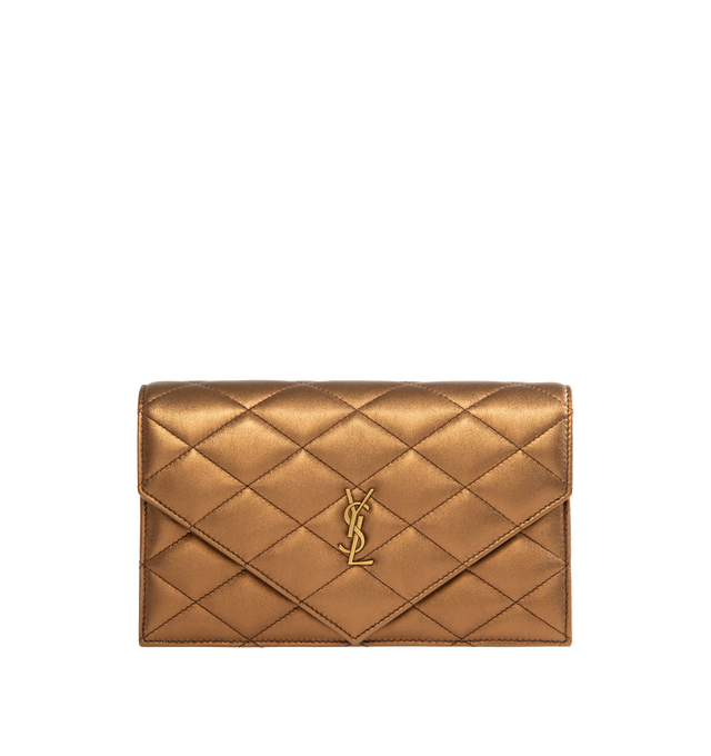 Image 1 of 4 - GOLD - Saint Laurent Women's Envelope Small YSL Wallet on Chain is crafted from metallic leather and features the house's iconic chevron quilting, a signature Cassandre logo, and a detachable leather-and-chain shoulder strap for versatile styling. This designer wallet on chain combines timeless elegance with everyday functionality, offering an envelope flap with snap closure, an interior zip pocket, and a slip pocket for organized essentials. Main Material: Metallic Leather. Hardware: Metal.