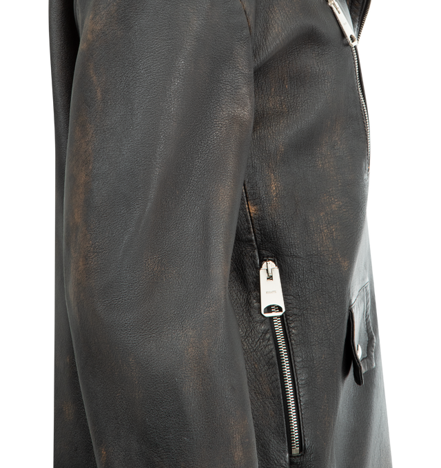 Image 3 of 3 - BLACK - KHAITE Catalina Jacket in Distressed Leather featuring a rustic and refined moto jacket in hand-distressed, two-tone South African lambskin suede finished in Italy for a worn-in, vintage look and a dry finish. With signature hardware at two-way zippered front, pockets, and cuffs. 100% lamb. This item may be restricted for online purchase to international clients. For assistance purchasing this item please contact our dedicated stylist team at personalshopping@hirshleifers.com.