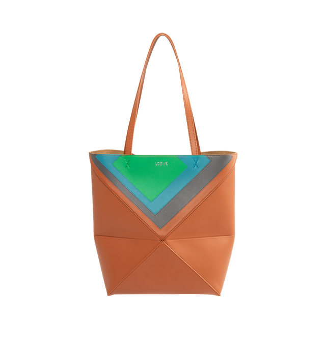 Image 1 of 3 - BROWN - Loewe Square Medium Puzzle Fold tote with a lightweight geometric structure designed to fold completely flat, making it a perfect tote to travel with. Shoulder or hand carry. Leather with suede lining and silver embossed LOEWE. Measures 31.5 cm high x 25.5 cm wide x 14.5 cm deep with 27cm handle drop.