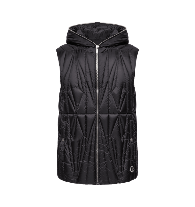 Image 1 of 1 - BLACK - RICK OWENS X MONCLER Geocamo Ziplock Hooded Down Vest featuring ultra-light polyester lining, down-filled, hood, zipper closure, welt pockets with snap button closure, inner zipped pockets, ribbon at the back and embroidered logo patch. 100% polyester. Padding: 90% down, 10% feather.