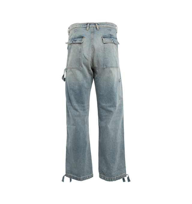 Image 2 of 3 - BLUE - RHUDE Reza double knee denim pants featuring removable contrast drawstring,  flap back pockets, contrast stitching and a zip fly wiuth button closure. 100% cotton. Made in USA. 