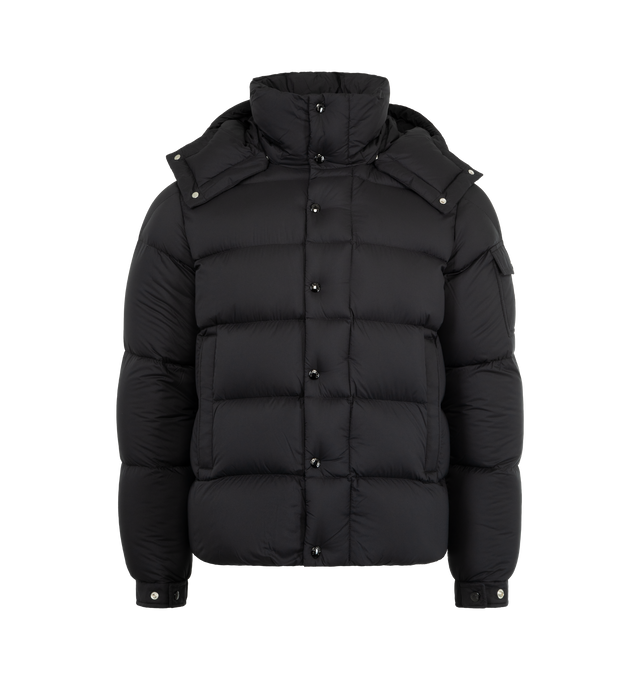 Image 1 of 5 - BLACK - MONCLER Vezere Short Down Jacket featuring recycled longue saison, nylon lger brillant lining, down-filled, detachable and adjustable hood, zipper and snap button closure, zipped pockets, patch pocket on the sleeve, adjustable cuffs and hem with drawstring fastening. 100% polyamide/nylon. Padding: 90% down, 10% feather.
