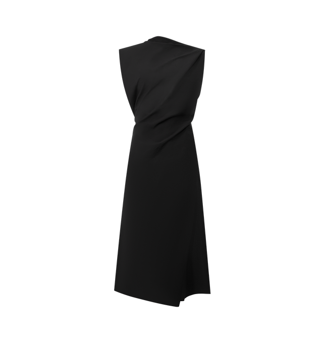 Image 1 of 2 - BLACK - JACQUEMUS Drap Dress featuring asymmetric column dress, fitted, textured transparent cotton poplin, crew neck, asymmetric sleeveless shoulders, draped waist, mid-calf length and invisible side zipper. 80% cotton, 20% polyamide. Made in Bulgaria.