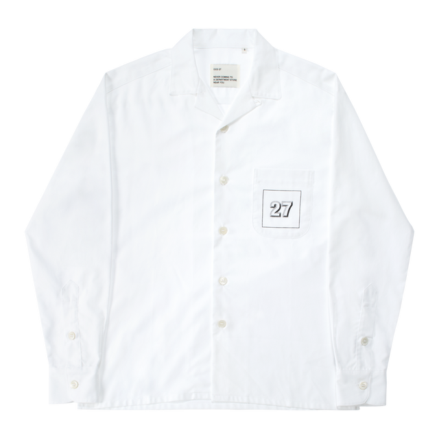 Image 2 of 4 - WHITE - OCD 27 Camp Collar Oxford Shirt featuring Mother of Pearl button front closure, notched collar, long sleeves, button cuffs and patch pocket with logo on chest. Thomas Mason oxford cloth.