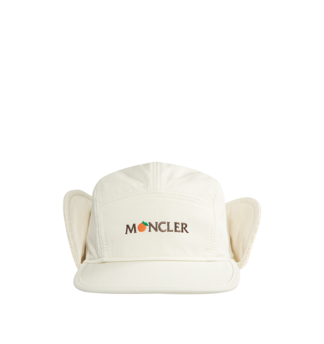 Image 1 of 2 - WHITE - Moncler x Gilga Farm Designed by Donald Glover Reversible Baseball Cap featuring cotton and nylon blend canvas, carded wool lining, ear flaps, embroidered logo motif and logo patch. 66% cotton, 34% polyamide/nylon. 100% virgin wool. Made in Italy.
