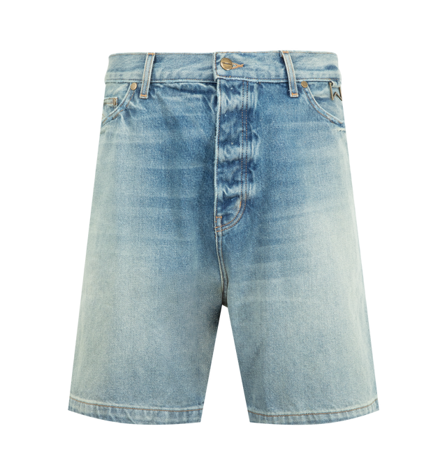 Image 1 of 3 - BLUE - RHUDE Boxy Traxedo Denim Short featuring regular fit, knee length, belt loops, 5 pocket design and zip and button closure. 100% cotton.