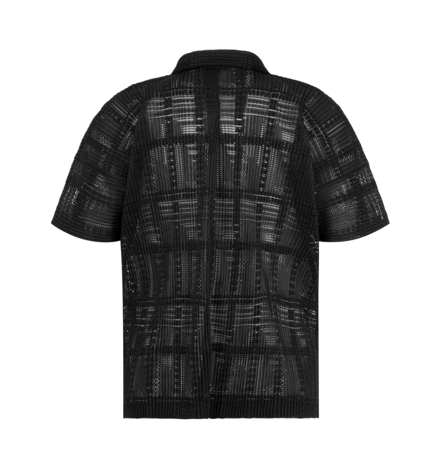 Image 2 of 2 - BLACK - Issey Miyake Men's Lace Grid Pleats Shirt is crafted from a lace-like cotton-blend polyester fabric and features an expressive pleated texture with a sheer, three-dimensional finish ideal for layered styling. Designed with an open collar, button-front closure, and side slits for ease of movement. Main Material: 75% Polyester, 25% Cotton. Collar: Open Collar. Closure: Button Front. Details: Side Slits.