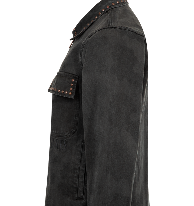 Image 3 of 3 - BLACK - PLEASURES Cowhide Work Jacket featuring canvas fabric, pigment dyed, full zip, turnover collar, snap-closure chest pockets and cuffs, side pockets, all-over cowhide print, studded detailing on collar and chest pockets and embroidered wordmark under left chest pocket. 100% cotton.