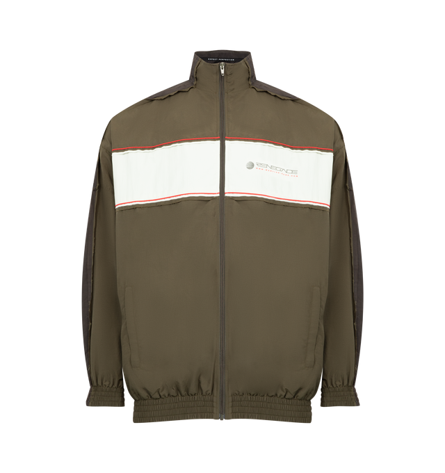 Image 1 of 3 - GREEN - MARTINE ROSE Layered Track Jacket featuring front zip fastening, high neck, long sleeves and elasticated hem. 100% polyamide.