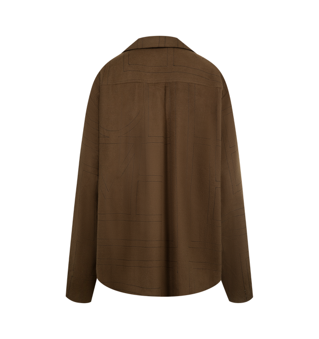 Image 2 of 2 - BROWN - TOTEME Monogram Flannel PJ Top featuring lightweight modal flannel embroidered with a fine monogram pattern, relaxed silhouette, lapel collar, spacious long sleeves and mother-of-pearl buttons. 100% Lenzing TENCEL modal.