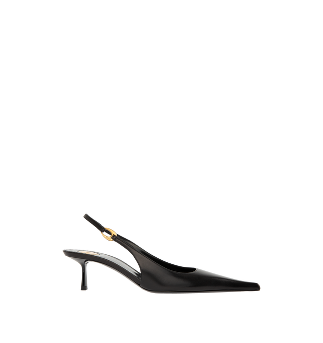 Image 1 of 4 - BLACK - SAINT LAURENT Vendome Slingback Pumps in smooth leather featuring a pointed toe, kitten heel, elasticized slingback strap with SAINT LAURENT engraved link, round saint laurent-engraved metal plaque on the insole and leather sole. 2 inch heel. Lambskin. Made in Italy.