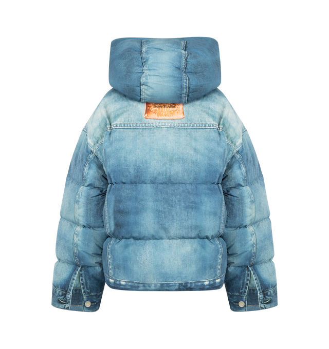 Image 2 of 3 - BLUE - ACNE STUDIOS Puffer Down Jacket featuring water-repellent nylon with a denim trompe-loeil print, a raised neckline and hood, welt pockets, a padded silhouette, cut to a relaxed fit and below-waist length. 100% polyester. Lining: 100% nylon. Filling: 90% duck down, 10% duck feathers.