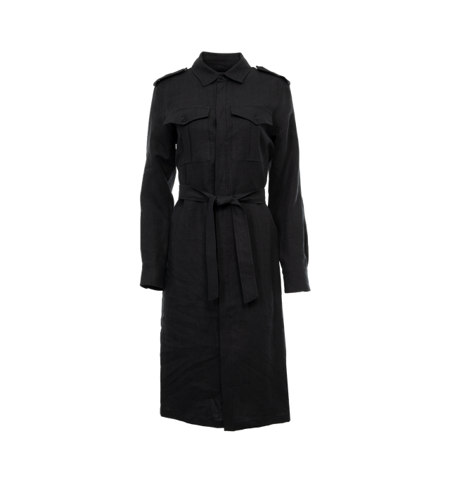 Image 1 of 3 - BLACK - NILI LOTAN Marcia Linen Dress featuring spread collar, concealed front button placket, self-covered tie belt and double chest pockets. 100% linen. Made in the USA. 
