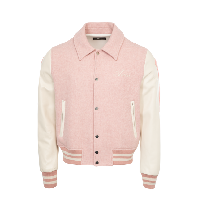 Image 1 of 2 - PINK - AMIRI Bones Jacket featuring contrast leather sleeves, welt zipper pockets, banded rib accents, classic snap front closure and embroidered Amiri script logo at chest. Wool/leather/viscose. Made in Italy.  