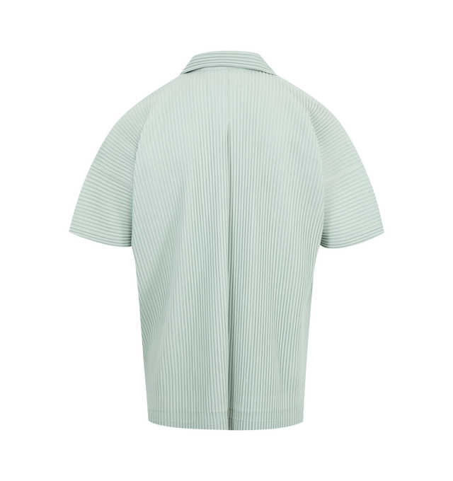 Image 2 of 2 - BLUE - ISSEY MIYAKE Pleated Shirt featuring open spread collar, button closure, tennis-tail hem, dolman sleeves and inverted box pleat at back yoke. 100% polyester. Made in Japan.