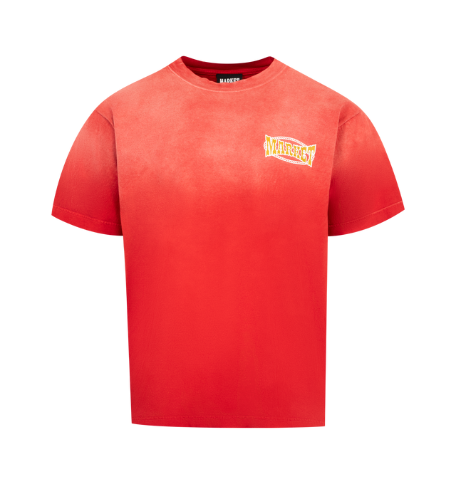 Image 1 of 2 - RED - MARKET Saloon Graphic T-Shirt featuring a relaxed fit, crewneck, short sleeves and graphic on front and back. 100% cotton.