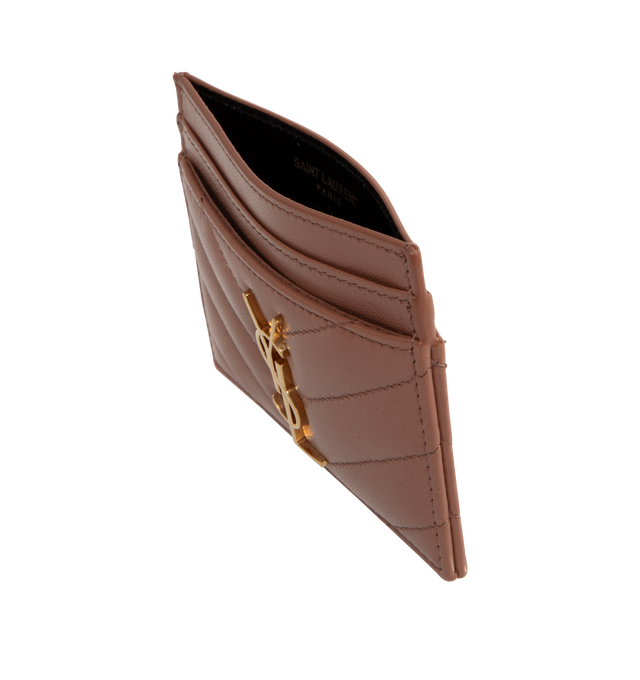 Image 3 of 3 - BROWN - SAINT LAURENT Monogram Card Case featuring five card slots, gold tone hardware, cassandre and chevron-quilted overstitching. 4 X 2.8 X 0.1 inches. 100% lambskin. Made in Italy.