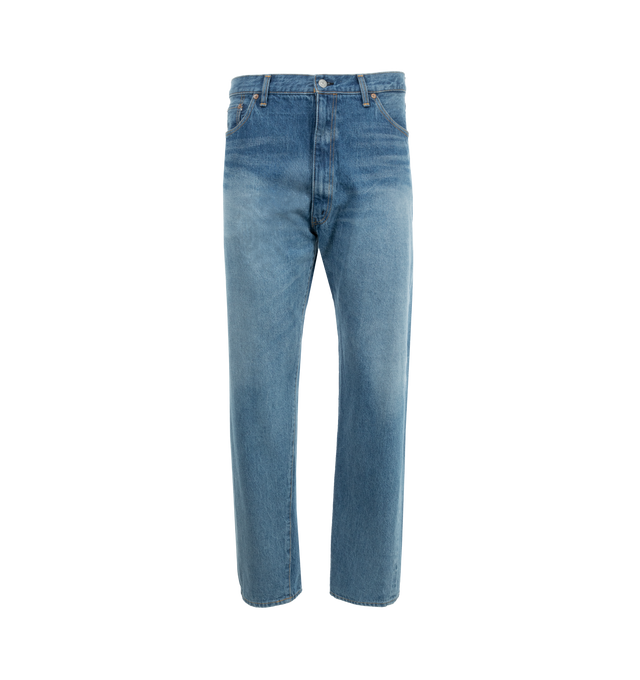 Image 1 of 3 - BLUE - Kaptain Sunshine Zipper Closure Jeans are a 5-pocket style with a worn finish and tapered legs. Made in Japan.