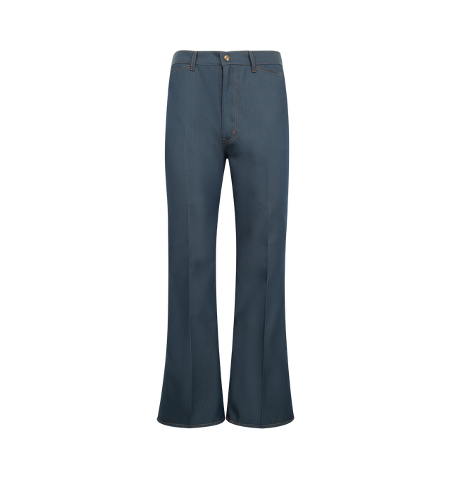 Image 1 of 3 - BLUE - NEEDLES Boot-Cut Jean in poly twill featuring zip fly with button closure, 4 pocket style, contrast stitching and flared hem. 100% polyester. Made in Japan.