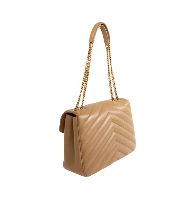 Image 2 of 4 - BROWN - SAINT LAURENT Loulou Large Bag featuring chain bag in soft lambskin with chevron-quilted topstitching, a removable leather pouch and pocket mirror, a sliding chain strap, grosgrain lining, bronze-toned hardware, magnetic snap closure and one flat pocket. 12.6" x 8.7" x 3.9". 90% lambskin, 10% brass. Made in Italy.