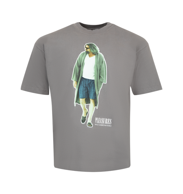 Image 1 of 2 - GREY - PLEASURES Dude Tee featuring heavyweight fabric, garment dyed, ribbed collar, crew neck, short sleeves and printed graphic on front. 100% cotton.