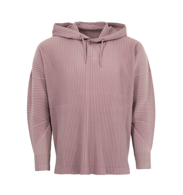 Image 1 of 2 - PINK - ISSEY MIYAKE Hoodie featuring pleated pullover hoodie with long sleeves and a drawstring hood. 100% polyester.