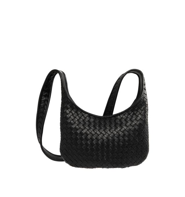 Image 1 of 3 - BLACK - BOTTEGA VENETA Small Veneto Bag featuring cross-body bag with rounded shape, intrecciato nappa leather fluffy, one interior zipped pocket and zipper closure. 6.7" x 10.6" x 1". Lambskin. Made in Italy.