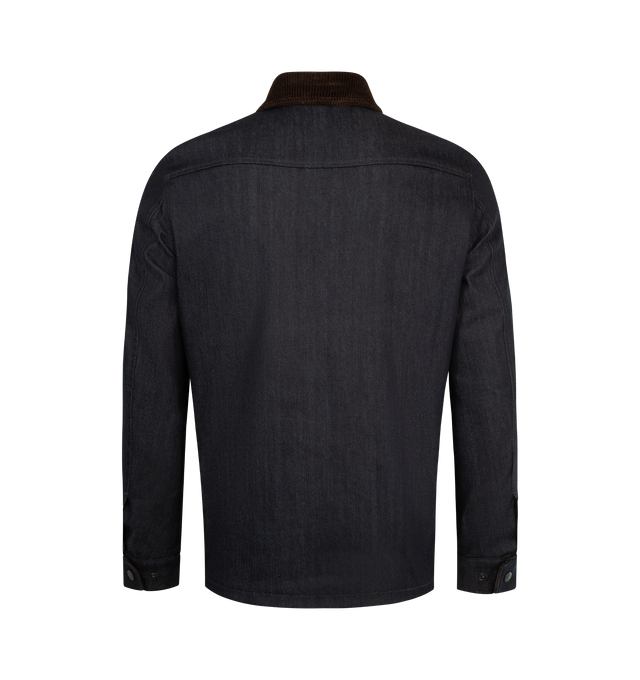 Image 2 of 4 - BLUE - MONCLER Denim Corduroy-Trimmed Shirt Jacket featuring comfort denim, rainwear lining, corduroy collar, long sleeves, zipper and snap button closure, chest pocket with snap button and zipper closure and adjustable cuffs. 75% cotton, 24% polyester, 1% elastane/spandex. Lining: 100% polyamide/nylon. 100% cotton.