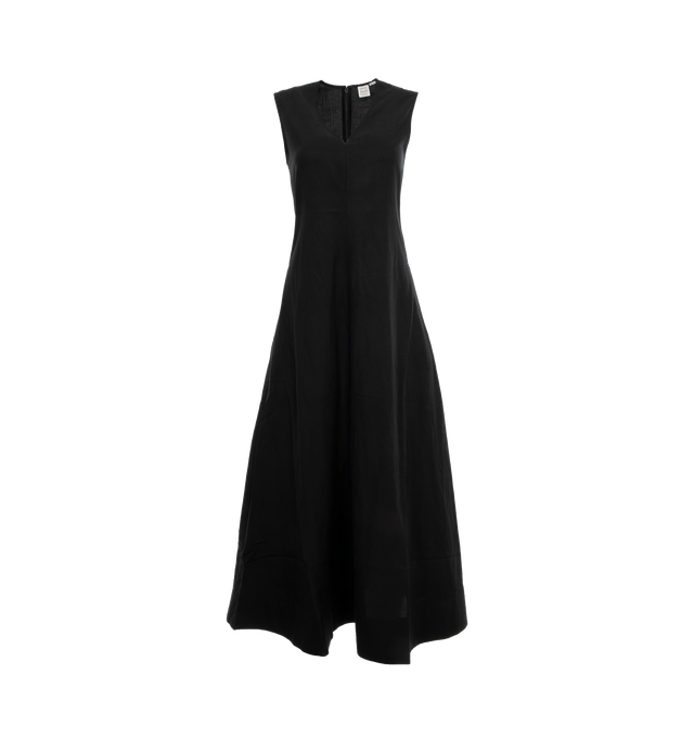 Image 1 of 4 - BLACK - TOTEME Fluid V-Neck Dress featuring a fluid blend of Lyocell viscose and linen with a V-neckline and a loose-fitting silhouette that widens at the hips, side pockets and concealed back zipper. 75% lyocell, 25% linen. 