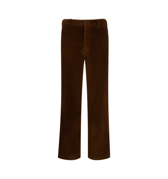 Image 1 of 1 - BROWN - Moncler Grenoble Men's Corduroy Trousers are crafted from stretch corduroy and feature a classic straight-leg silhouette, a zip and snap-button closure, front pockets, and a back pocket with snap-button closure. Designed to combine the texture of traditional corduroy with enhanced comfort and flexibility, this versatile style is suited for both mountain and everyday wear. Main Material: 98% Cotton, 2% Elastane. Trim: 100% Polyamide.