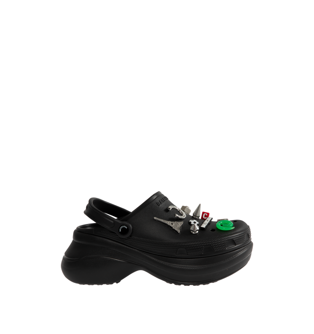 Image 1 of 4 - BLACK - BALENCIAGA Crocs Mule in black rubber with Jibbitz charms featuring EVA foam, mule, round toe, open at back, 5mm arch, removable Jibbitz charms, Balenciaga logo embossed on strap, debossed size at back and tone-on-tone sole and insole.