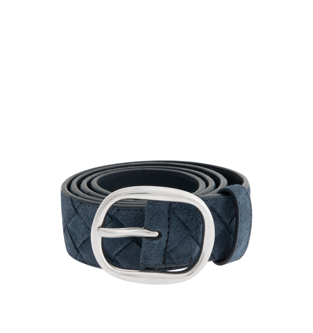 Image 1 of 2 - NAVY - BOTTEGA VENETA Intrecciato Suede Belt featuring keeper loop at front, pin-buckle fastening and silver-tone hardware. W1.5". 100% leather. Made in Italy.