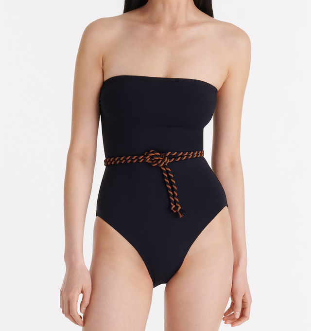 Image 3 of 5 - BLACK - ERES Majorette One-Piece Bustier Swimsuit featuring two-tone twisted belt to tie at the waist, gripper tape and side shirring. 84% Polyamid, 16% Spandex. Made in Morocco. 