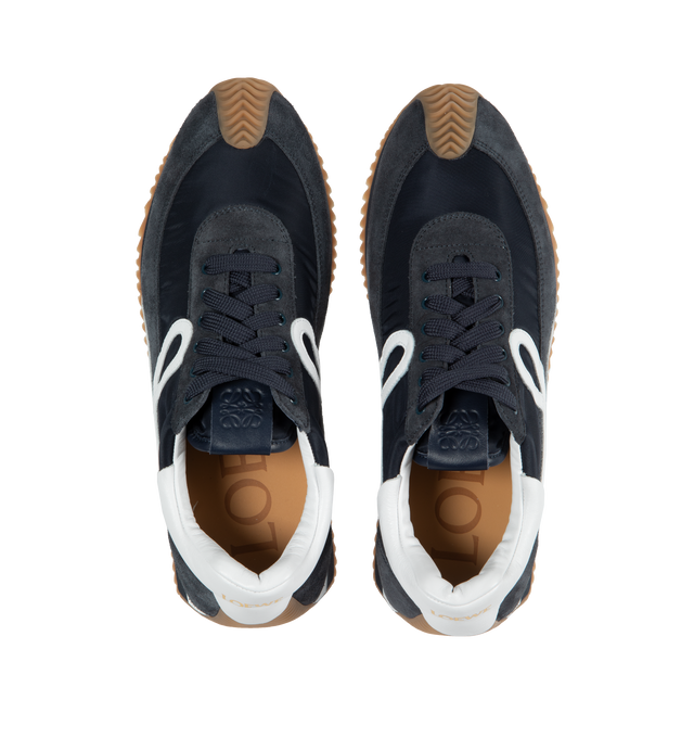Image 5 of 5 - NAVY - LOEWE Flow Runner featuring gold LOEWE logo, lace up sneaker, rubber wavy sole, embossed Anagram on tongue and L monogram on the side. Nylon/suede. Made in Italy. 